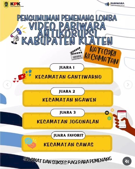 Selamat, Kecamatan Cawas Meraih Juara Favorit Video Pariwara Anti Korupsi